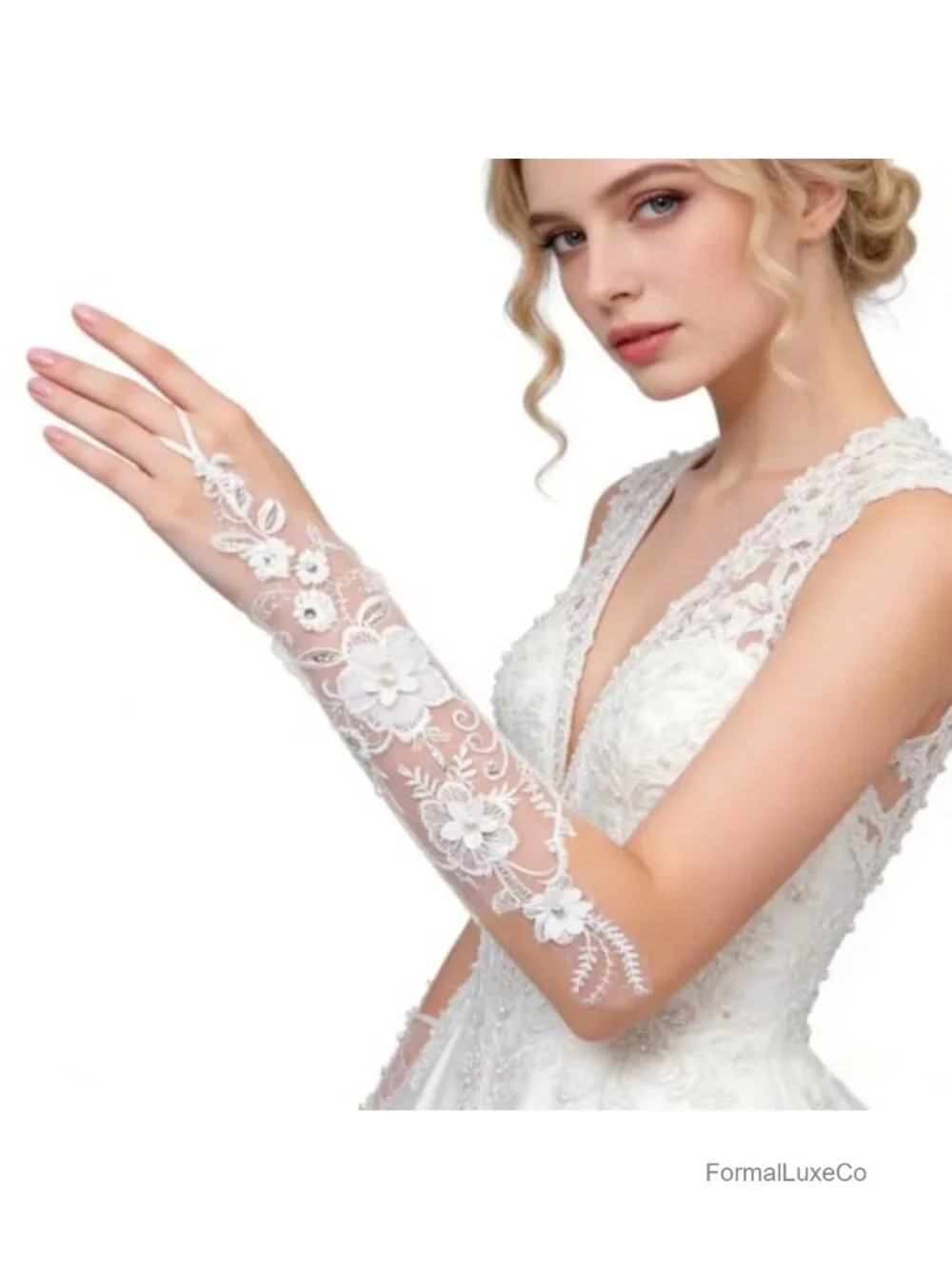 Fingerless Lace Gloves with 3D Floral Design for Wedding